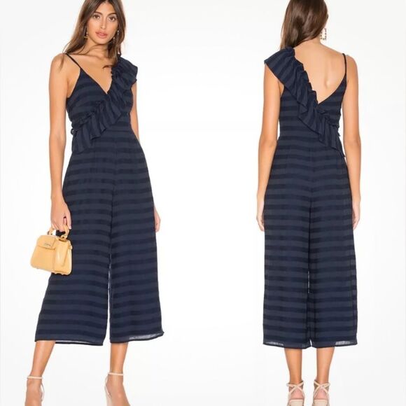 Tularosa Revolve women’s Florence navy striped ruffle cropped jumpsuit size S - Picture 2 of 8